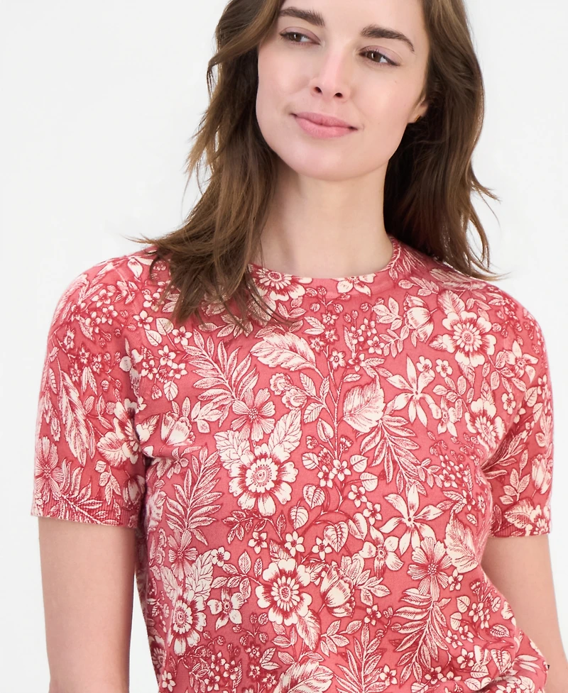 Nautica Women's Cotton Short-Sleeve Floral Sweater