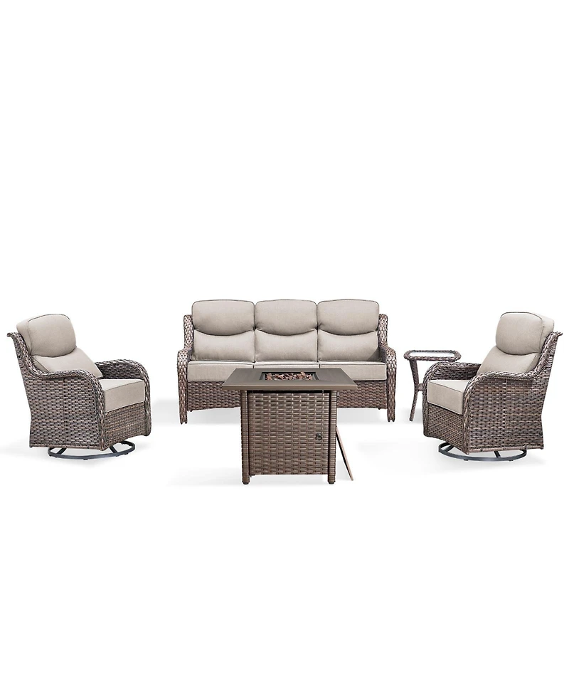 Pocassy Patio Furniture Set with 6-inch Thick Cushion, Outdoor Fire Pit, Swivel Chairs, 5pices Wicker Conversation