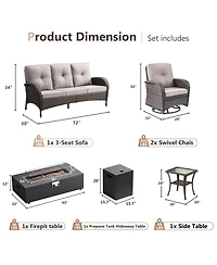 Pocassy 6-Piece Patio Furniture Set with Fire Pit Kit,Wicker Outdoor Swivel Rocker Chairs Sofa for Backyard,Poolside