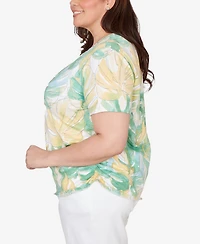 Alfred Dunner Plus Tropical Leaf Beaded Neck Ruched T-Shirt