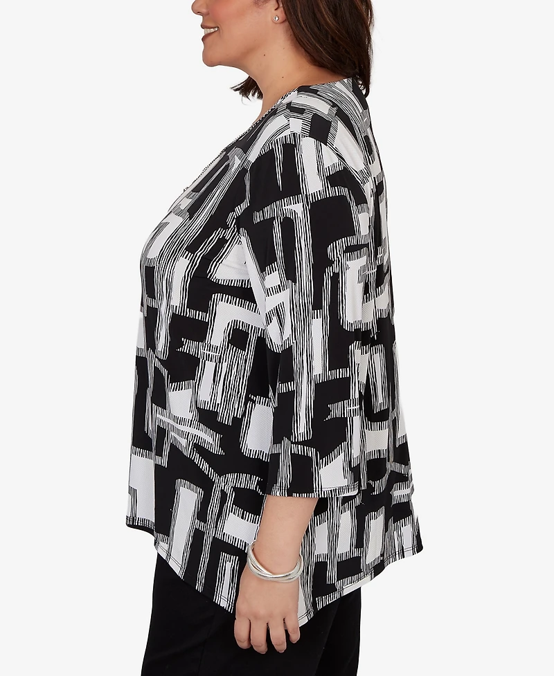 Alfred Dunner Plus Geo Boxes Puff Printed Top with Necklace