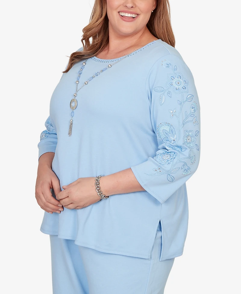 Alfred Dunner Plus Embroidered Floral Sleeve Accent Top with Necklace