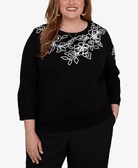 Alfred Dunner Plus Floral Scroll Soutache Sweater