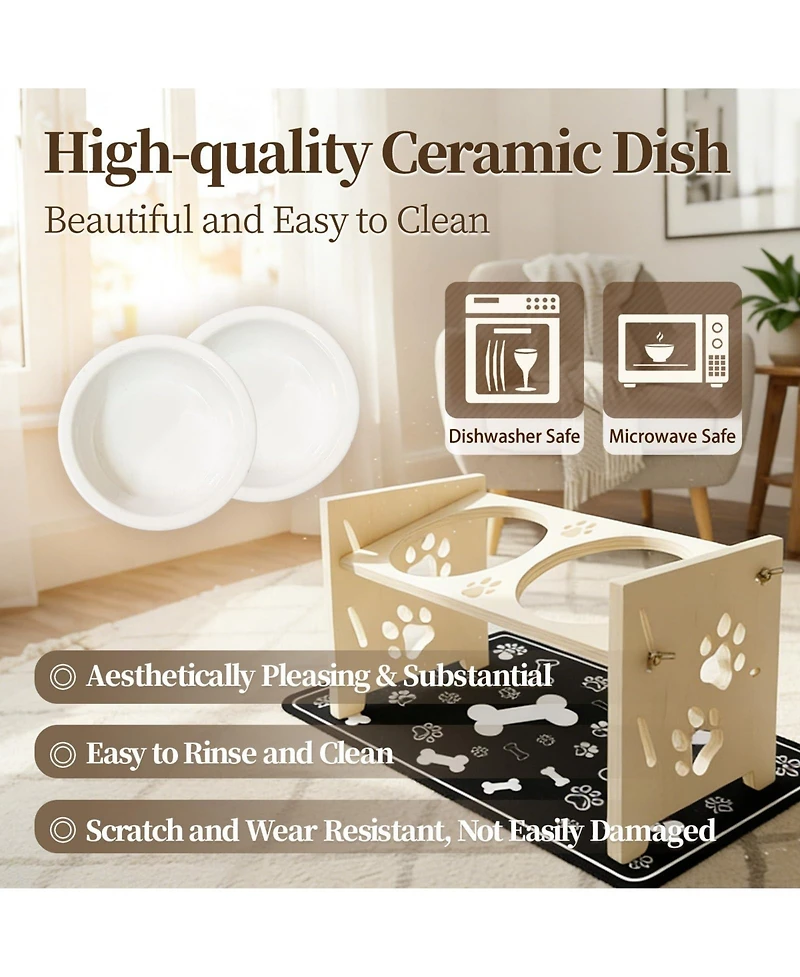 Aronkl Elevated Pet Feeding Stand Adjustable Height Angle Ceramic Bowls with Anti Splash Mat