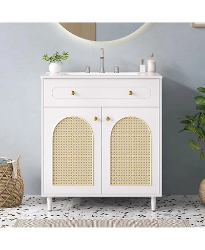 Thirtypeachy 30" Modern Mdf Bathroom Vanity Set With Top Sink, 2 Drawers Tip-Out Drawer, Door Organizer Soft-Close