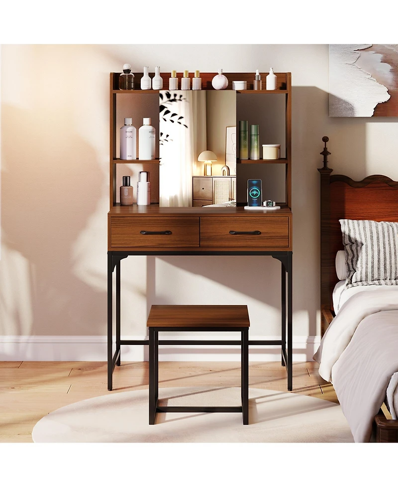 Volenca Vanity Desk with Storage Drawers, Charging Station, and Stool