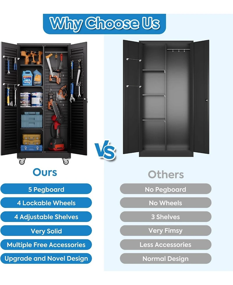 Boyel Living 71" Metal Broom Closet with Wheels, Lockable Cleaning Cabinet with Pegboard and Louvered Doors for Garage