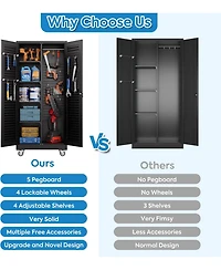 Boyel Living 71" Metal Broom Closet with Wheels, Lockable Cleaning Cabinet with Pegboard and Louvered Doors for Garage