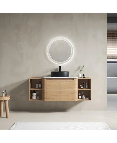 Sillysis 53 Inch Wall Mounted Bathroom Vanity with Ceramic Vessel Sink, Stone Top and Storage Shelves for Modern Bathrooms