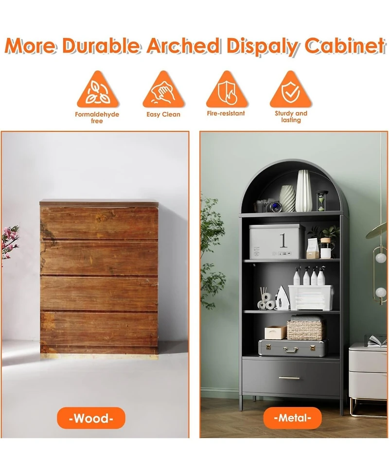 Boyel Living Metal Arched Bookcase Cabinet with Drawer, Tall Bookshelf and Adjustable Shelves for Home Office