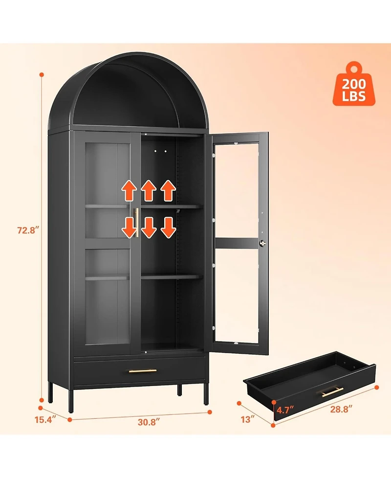Boyel Living Metal Arched Display Cabinet with Lock, Pantry Storage Hutch with Glass Doors and Drawer