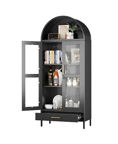 Boyel Living Metal Arched Display Cabinet with Lock, Pantry Storage Hutch with Glass Doors and Drawer