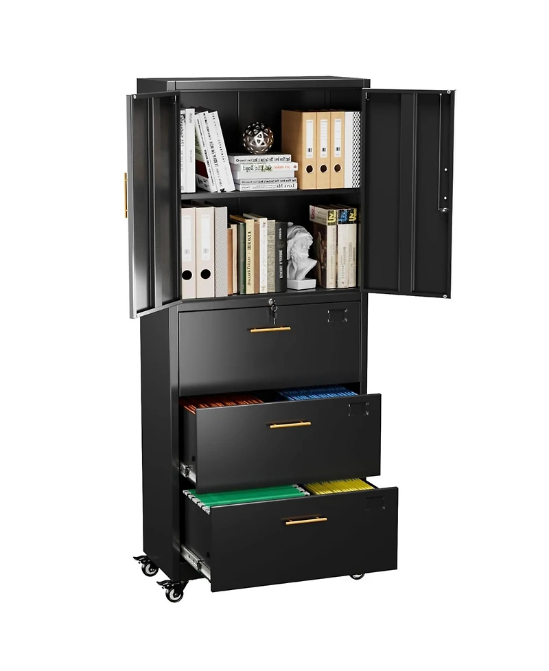 Boyel Living Metal File Cabinet with 3 Drawers and Shelf, Lockable Rolling Office Storage Organizer for Letter/A4 Size