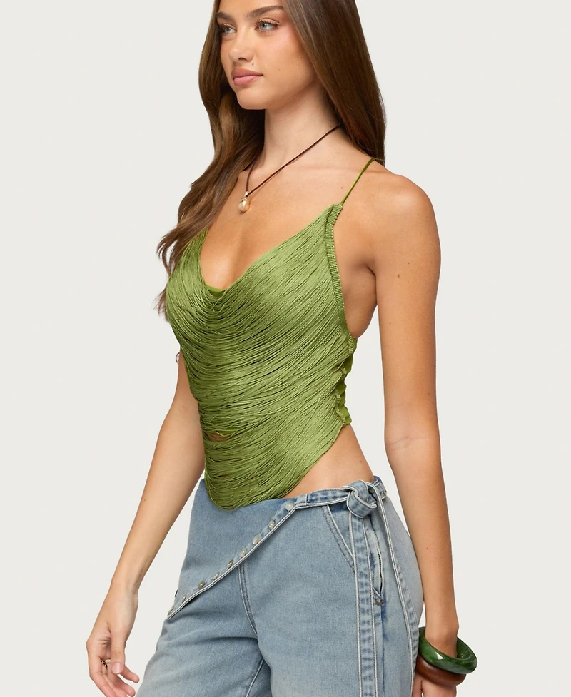 Edikted Womens Elenie Fringed Cowl Neck Top