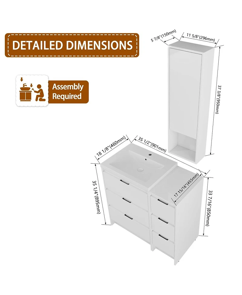 Sillysis 35.4 Inch Modern Bathroom Vanity with Resin Sink, Freestanding Storage Cabinet, Soft Close Drawers, Wall Cabinet