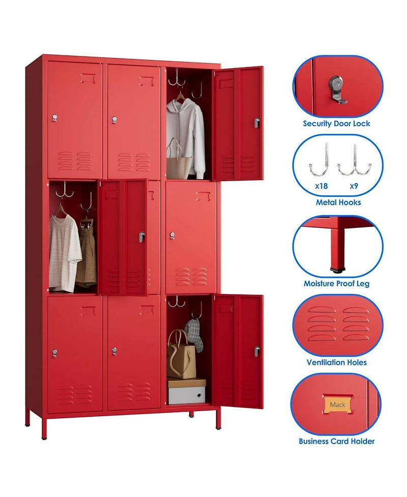 Boyel Living 9-Door Metal Locker with Business Card Holders and Hooks, Vented Employee Storage Cabinet for Gym Office