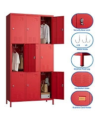 Boyel Living 9-Door Metal Locker with Business Card Holders and Hooks, Vented Employee Storage Cabinet for Gym Office