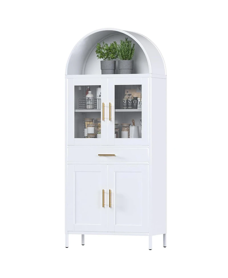Boyel Living Farmhouse Arched Coffee Bar Cabinet, White Metal Pantry Hutch with Glass Doors and Drawers