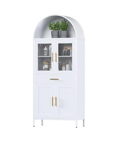 Boyel Living Farmhouse Arched Coffee Bar Cabinet, White Metal Pantry Hutch with Glass Doors and Drawers