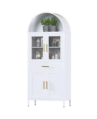 Boyel Living Farmhouse Arched Coffee Bar Cabinet, White Metal Pantry Hutch with Glass Doors and Drawers