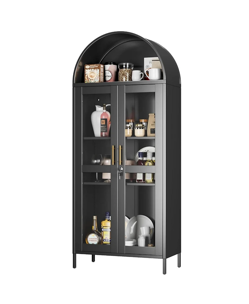 Boyel Living Metal Arched Display Cabinet with Lock, Glass Door Pantry Hutch and Bookshelf for Dining Room