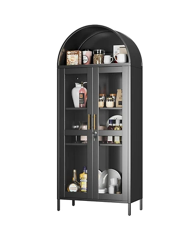 Boyel Living Metal Arched Display Cabinet with Lock, Glass Door Pantry Hutch and Bookshelf for Dining Room