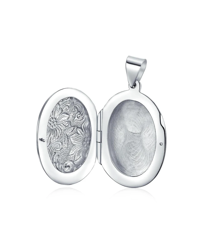 Bling Jewelry Oval Photo Keepsake Locket Necklace Floral Sunflower Embossed Design Oxidized .925 Sterling Silver