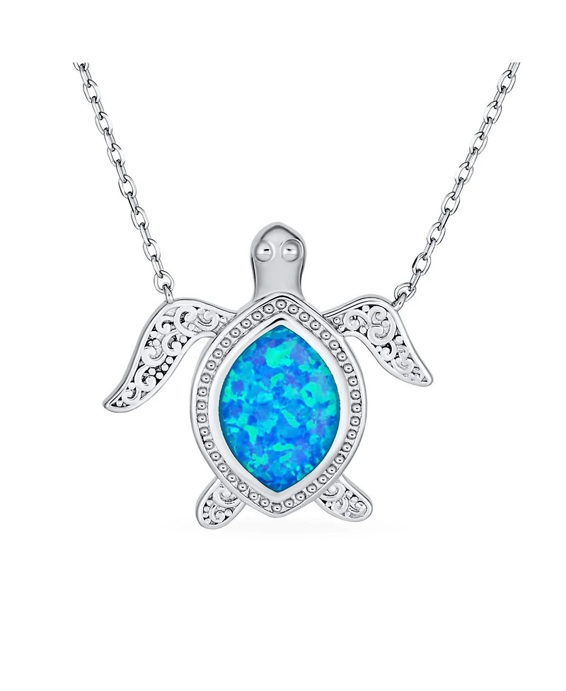Bling Jewelry Sea Turtle Pendant Necklace Created Opal Inlay Nautical .925 Sterling Silver
