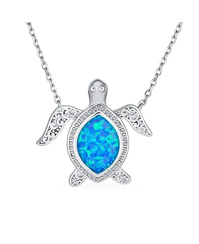 Bling Jewelry Sea Turtle Pendant Necklace Created Opal Inlay Nautical .925 Sterling Silver
