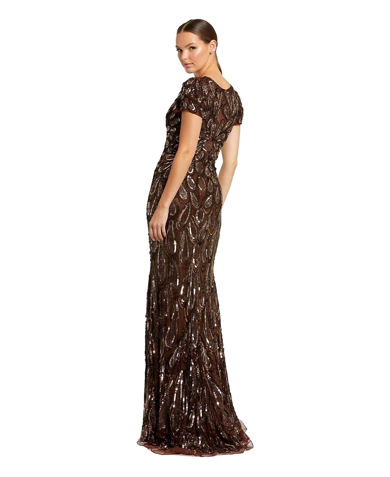 Mac Duggal Petite Beaded Sequin V-Neck Cap Sleeve Fitted Column Gown