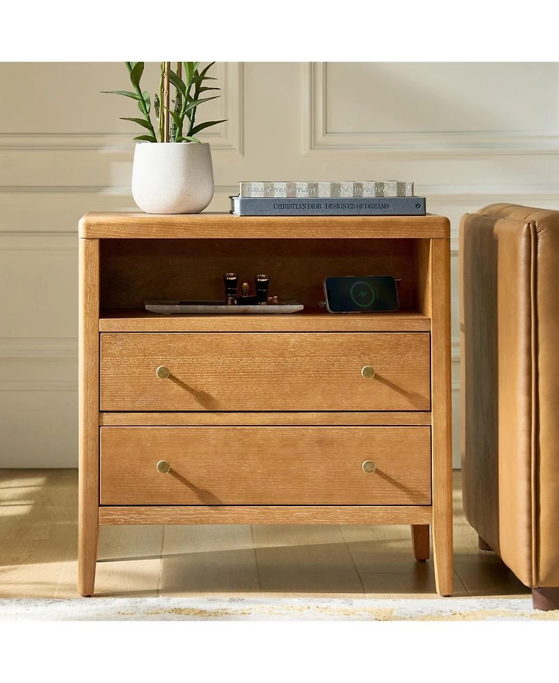 Hulala Home Sanctis Modern 2-Drawer 28"W Solid Wood End Table with Built-in Power Outlet