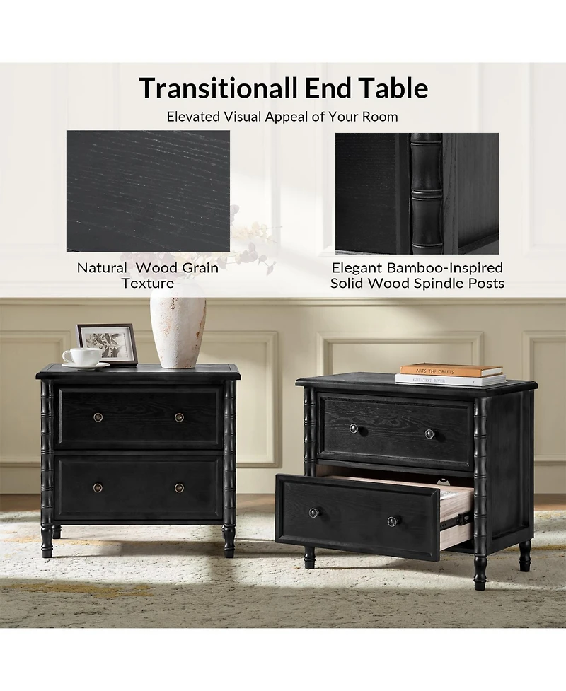 Hulala Home Nicola Transitional 26''W 2-Drawer Spindle End Table with Charging Station
