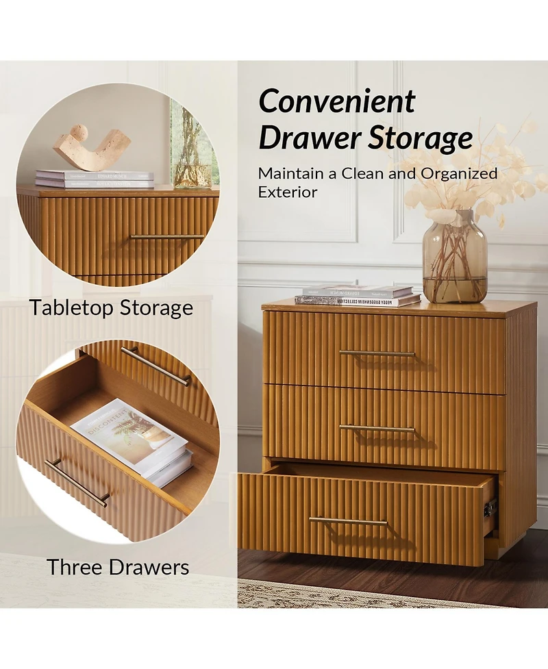 Hulala Home Isla 26''W Modern 3-Drawer Fluted End Table with Charging Station