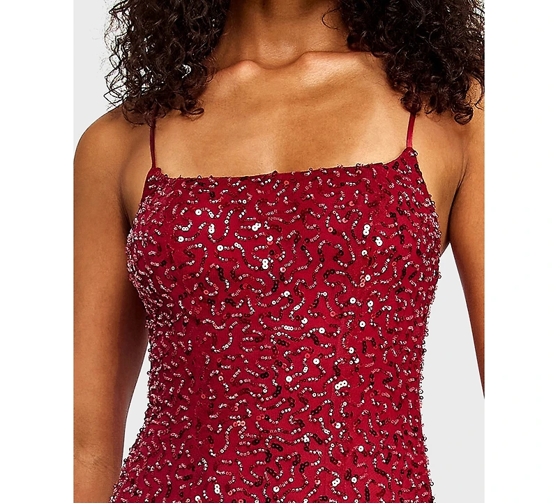 Alex & Sophia Juniors' Square Neck Bead Imitation Pearl Detail Sequin Dress