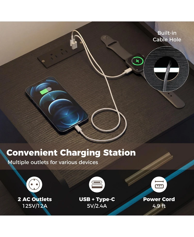 Slickblue Led Bedside Table with Built-In Charging Station and Storage Drawers