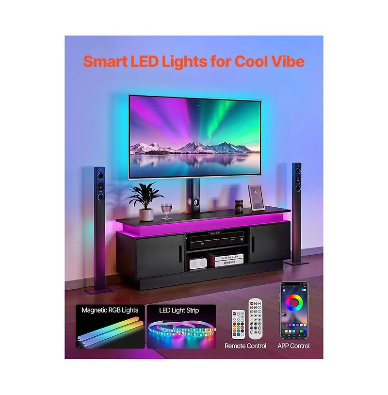 Sugift 60 in Tv Stand with Built-In Mount for 32-75 in TVs, 3-Tier Entertainment Center with Power Outlets and 16-Color LEDs