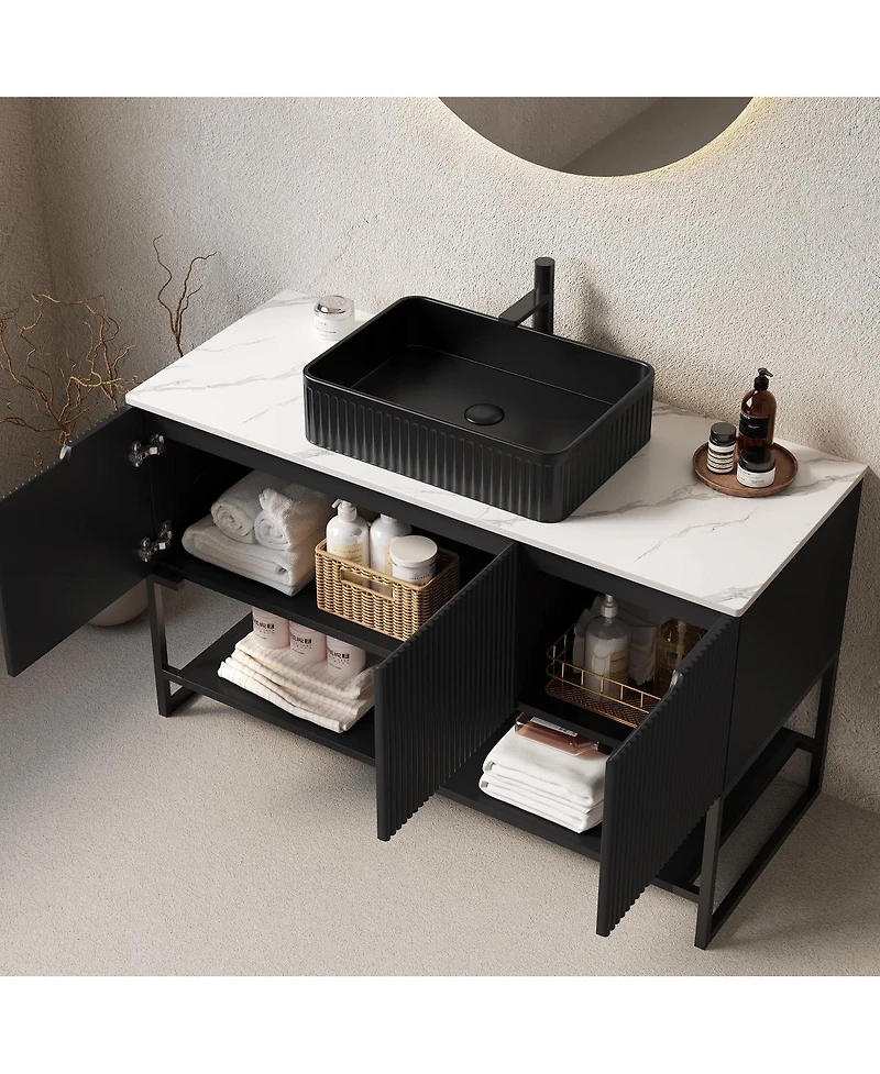 Sillysis 48 Inch Modern Bathroom Vanity with Ceramic Vessel Sink, Sintered Stone Countertop, Soft Close Doors