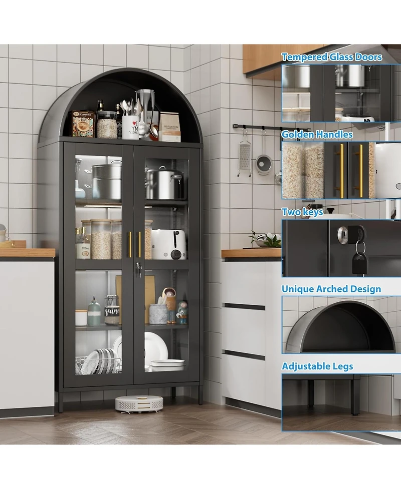 Boyel Living 78.7" Metal Arched Display Cabinet with Glass Doors and Led Lights, Lockable Bookshelf with Adjustable Shelves
