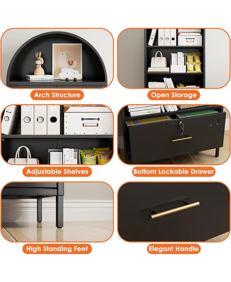 Boyel Living 72.8" Metal Arched Bookcase with File Drawer, Tall Storage Cabinet with Adjustable Shelves for Home Office