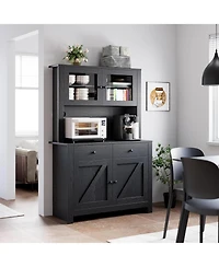 homfan Modern Farmhouse Pantry Cabinet, Engineered Wood Storage Organizer with Adjustable Shelves and Anti-Tip Design, Tempered Glass Door
