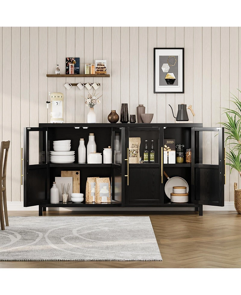 homfan Four-Door Glass Sideboard Cabinet with Storage Shelves, Buffet Server for Dining Room Living Kitchen