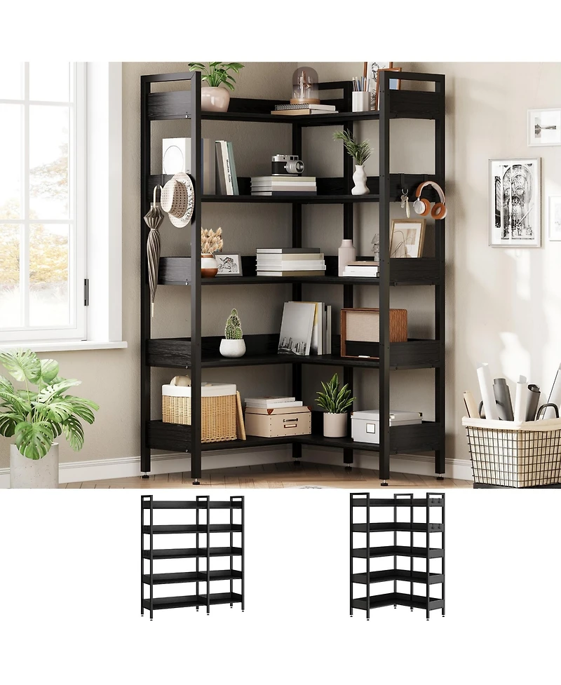 homfan Corner Bookshelf, 5-Tier Convertible l-Shaped Bookshelf Modern Industrial Design for Study Room Storage Display