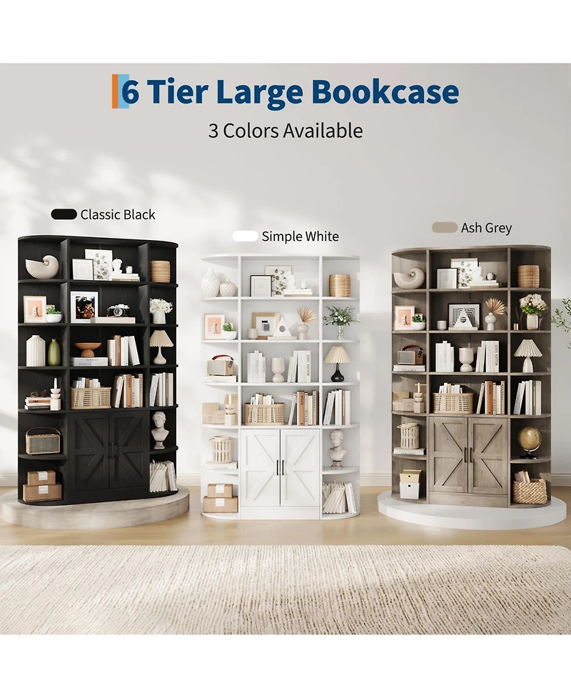 homfan Furniture 6-Tier Wooden Storage Bookcase with Cabinet and Doors, Modern 75 Inch Tall Display Organizer for Activity Room, Living Room Home