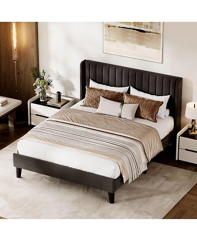homfan Velvet Bed Frame with Upholstered Headboard, Velvet Platform Bed Frame Wingback with Wood Slats,No-noise, No Box Spring Needed, Easy Assembly
