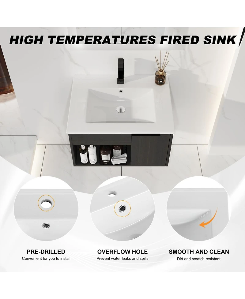Sillysis Wall Mounted Bathroom Vanity with Ceramic Sink, Soft Close Door, Open Shelf Storage