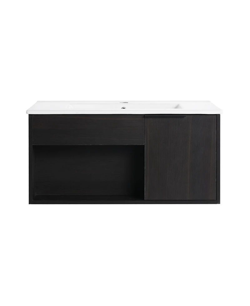 Sillysis Wall Mounted Bathroom Vanity with Ceramic Sink, Soft Close Door, Open Shelf Storage