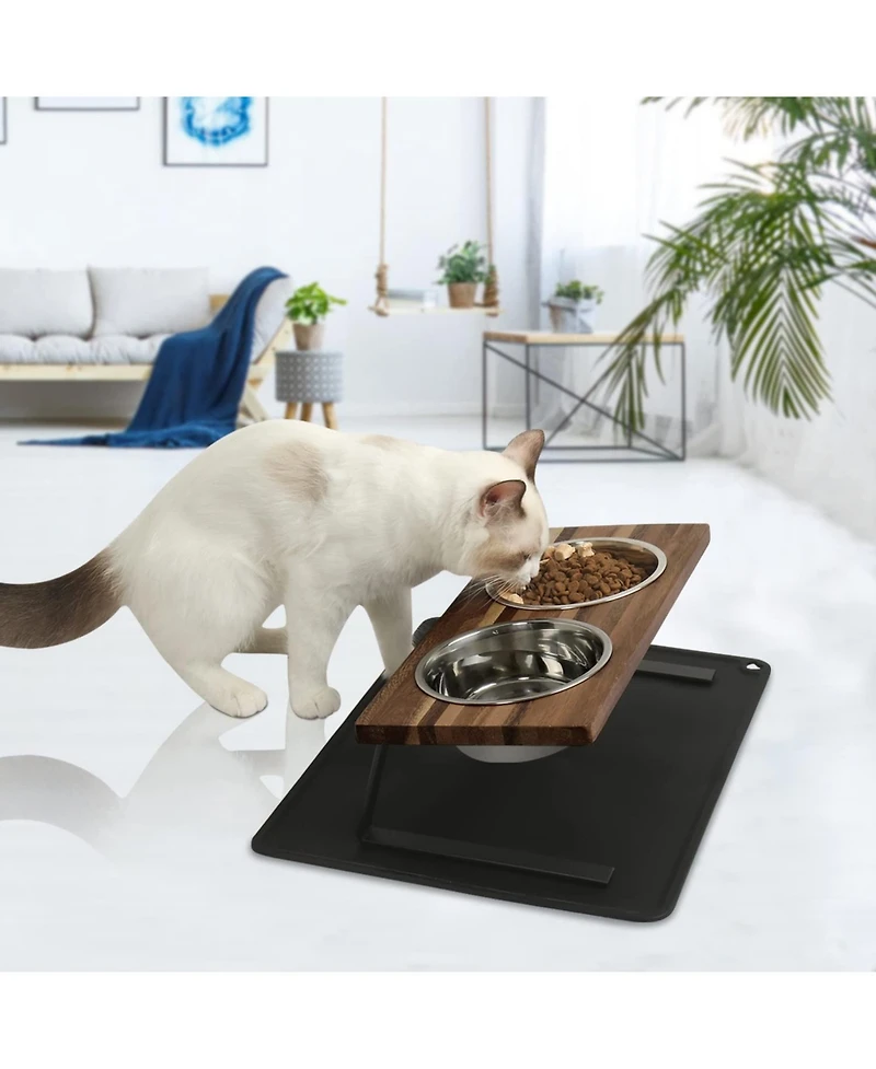 Aronkl Walnut Wood Elevated Pet Feeder Set 15 Degree Tilt Anti Slip Stainless Steel Bowls