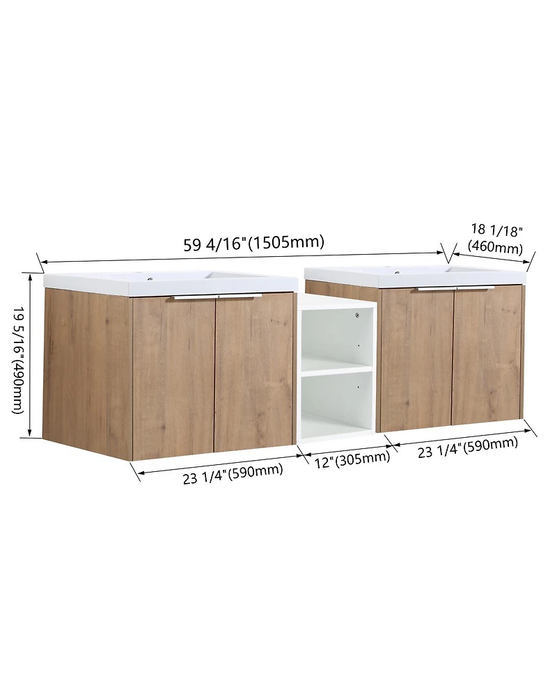 Sillysis 59 Inch Wall Mounted Double Bathroom Vanity with Resin Sinks, Plywood Cabinets and Open Storage for Modern Bathrooms
