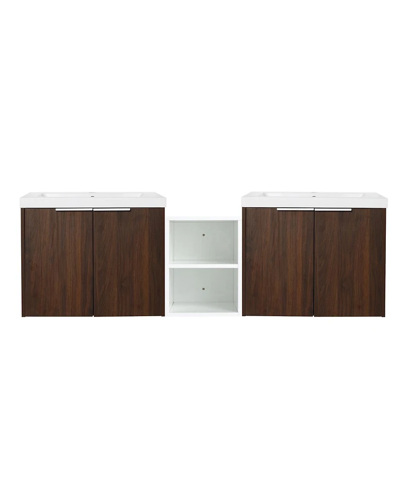 Sillysis 59 Inch Wall Mounted Double Bathroom Vanity with Resin Sinks, Plywood Cabinets and Open Storage for Modern Bathrooms