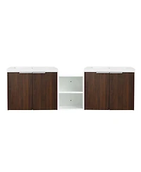 Sillysis 59 Inch Wall Mounted Double Bathroom Vanity with Resin Sinks, Plywood Cabinets and Open Storage for Modern Bathrooms
